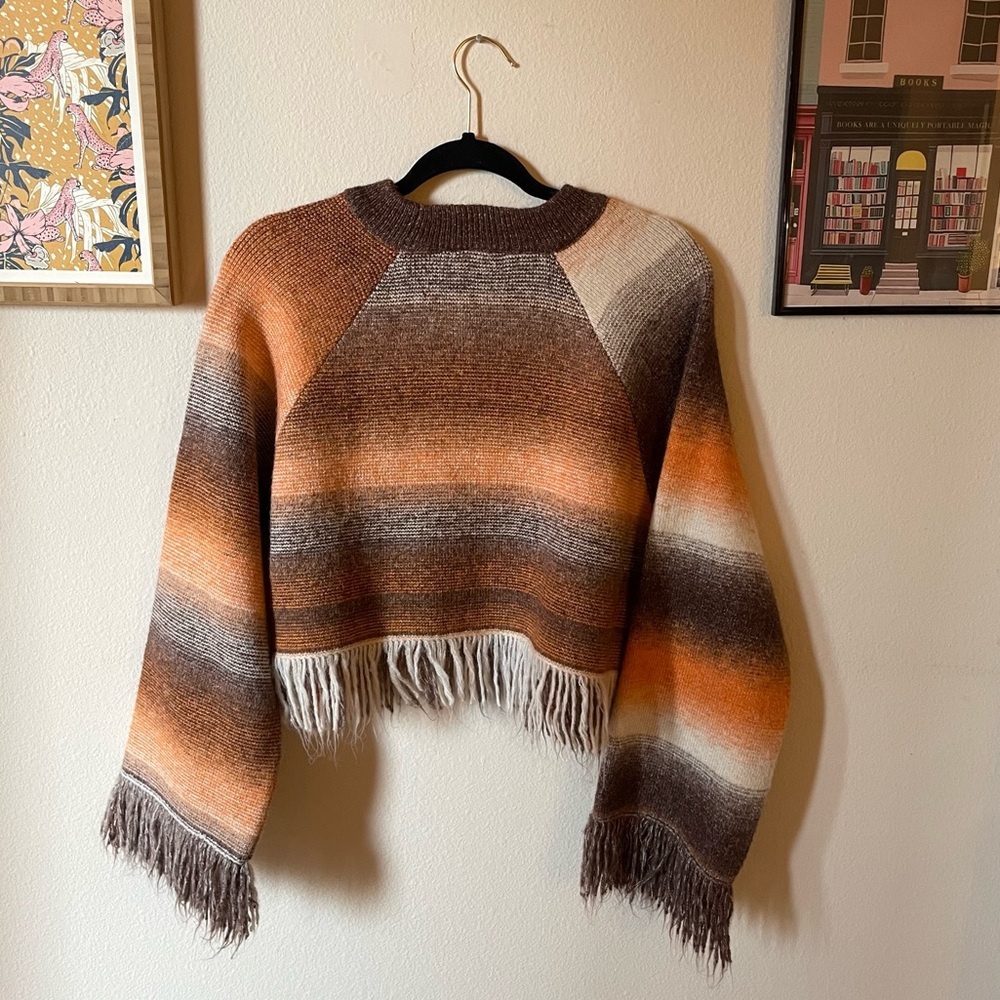 Zara Orange Brown Striped Fringe Sweater - Picture 8 of 13
